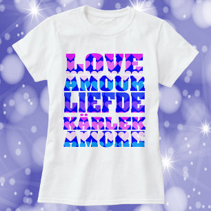 Camiseta Amor en muchos idiomas azul púrpura rosado