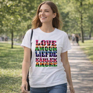 Camiseta Amor en muchos idiomas Corazones de neón