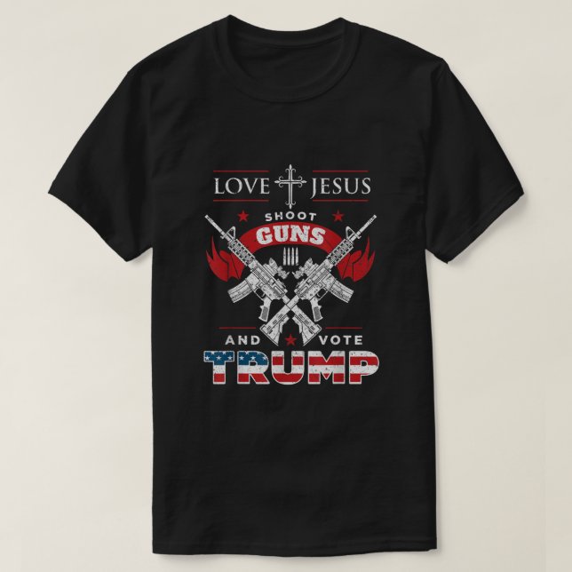 Camiseta Amor Jesús Dispara Armas Y Vota A Trump (Diseño del anverso)