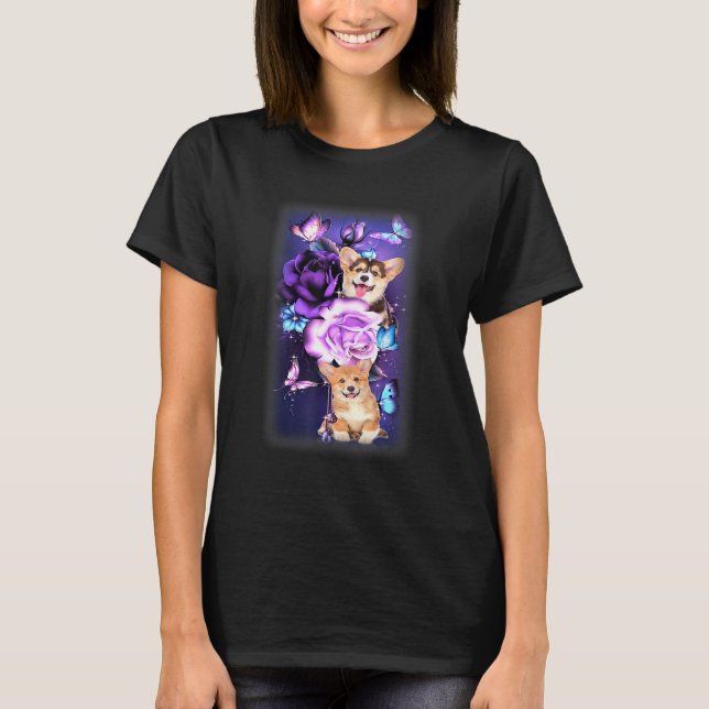 Camiseta Amor Magnífico Corgi Purple Rosas Flor Mariposa (Anverso)