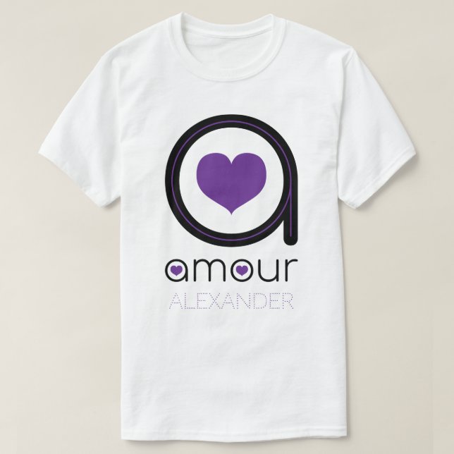 Camiseta Amor negro, corazón morado, nombre personalizado (Diseño del anverso)