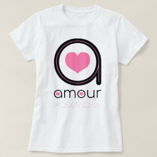 Camiseta Amor negro, corazón rosado, nombre personalizado