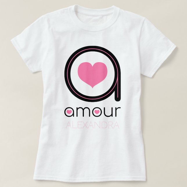 Camiseta Amor negro, corazón rosado, nombre personalizado (Diseño del anverso)