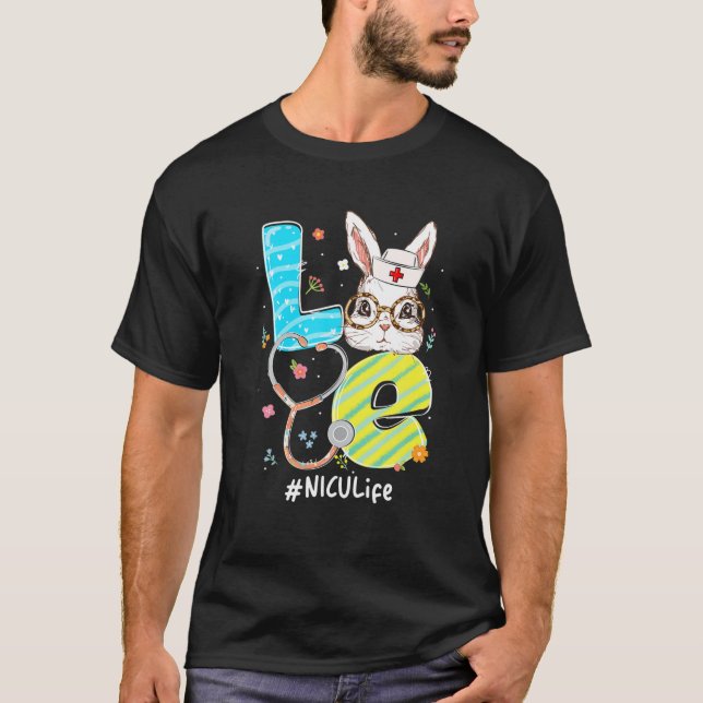 Camiseta AMOR NICU Life Bunny Lover Stethoscope Día de Pasc (Anverso)