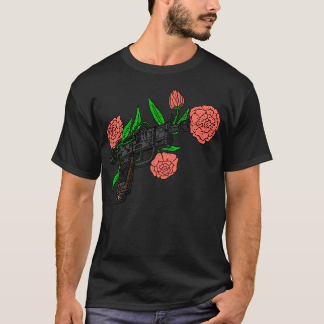 Camiseta Amor No Guerra. Arma Con Rosa. Paz Y Flores. (Anverso)