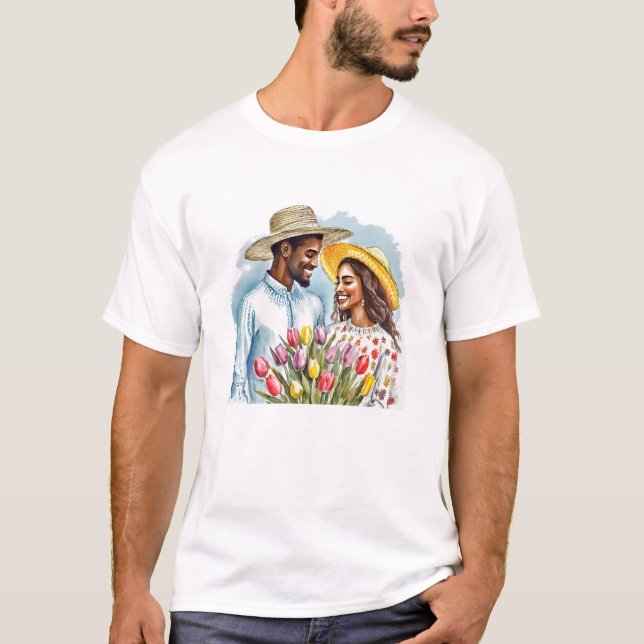 Camiseta Amor primaveral y herencia - Pareja negra acuarela (Anverso)