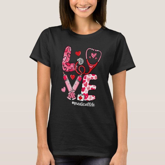 Camiseta AMOR Stethoscope Syringe Vida médica San Valentín (Anverso)