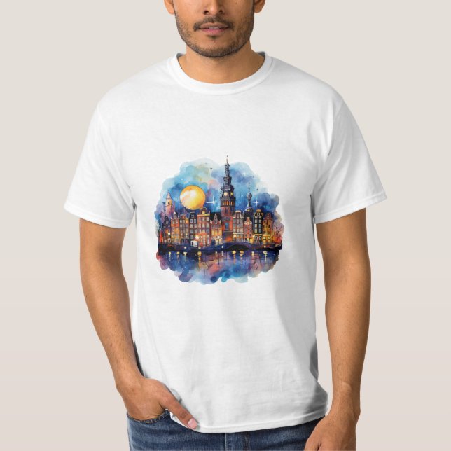 Camiseta Ámsterdam en la pintura de acuarela nocturna (Anverso)