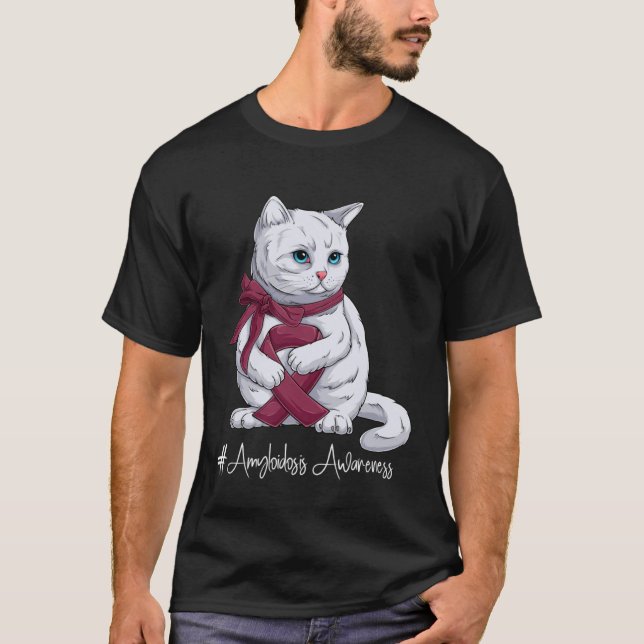 Camiseta Amyloidosis Awareness Month Burgundy Ribbon Cat (Anverso)