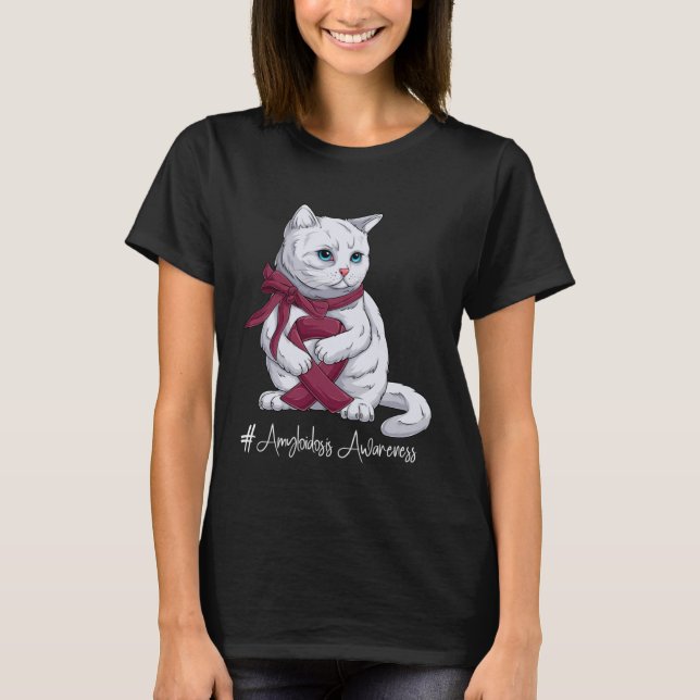 Camiseta Amyloidosis Awareness Month Burgundy Ribbon Cat (Anverso)