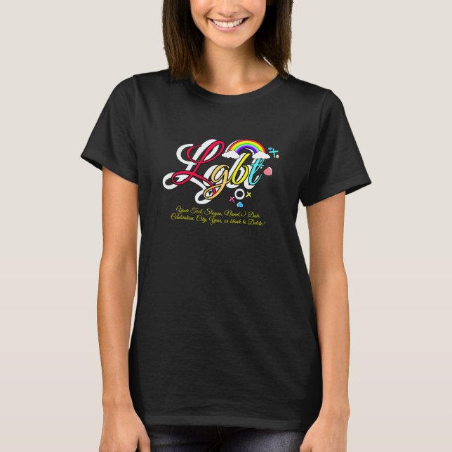 Camiseta Añade tu texto, arcoiris LGBT y nubes en negro (Anverso)