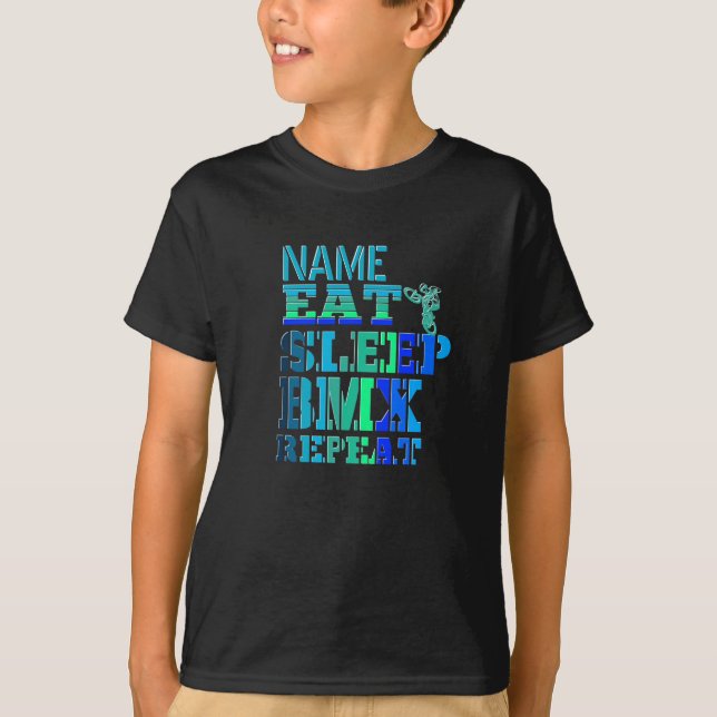 Camiseta Añadir nombre Dormir BMX Repetir ciclismo de texto (Anverso)