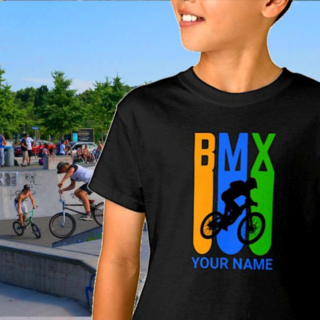 Camiseta Añadir nombre o texto BMX Bike Rider Naranja Azul  (Subido por el creador)