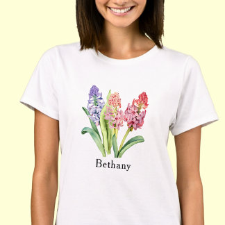 Camiseta Añadir texto de nombre, flores de jacinto, rosados