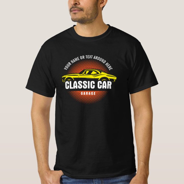 Camiseta Añadir un nombre a texto al coche clásico amarillo (Anverso)
