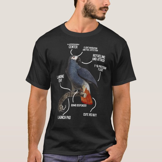 Camiseta Anatomía cómica de un Mascota de loro gris african (Anverso)