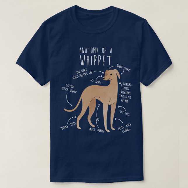 Camiseta Anatomía de perro de Whippet 1 (Diseño del anverso)