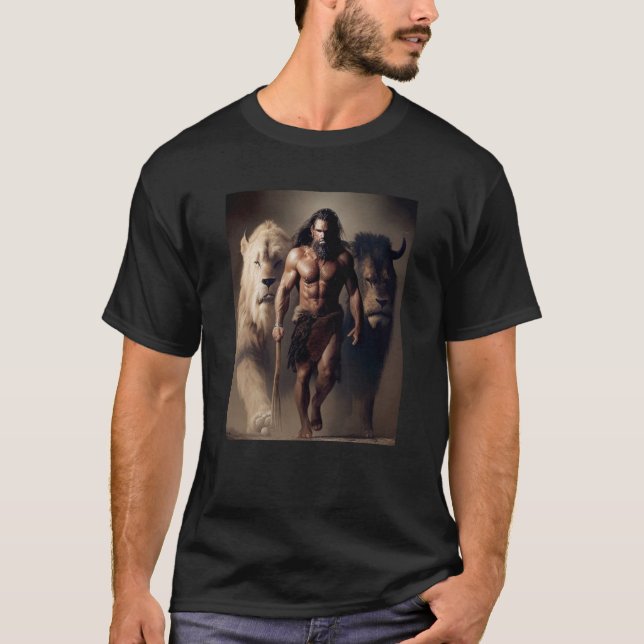 Camiseta Ancient Hunting Family Pack Man and Lions with the (Anverso)