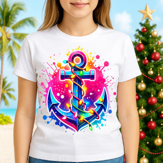 Camiseta Ancla de Navidad de Crucero Tropical con Luces