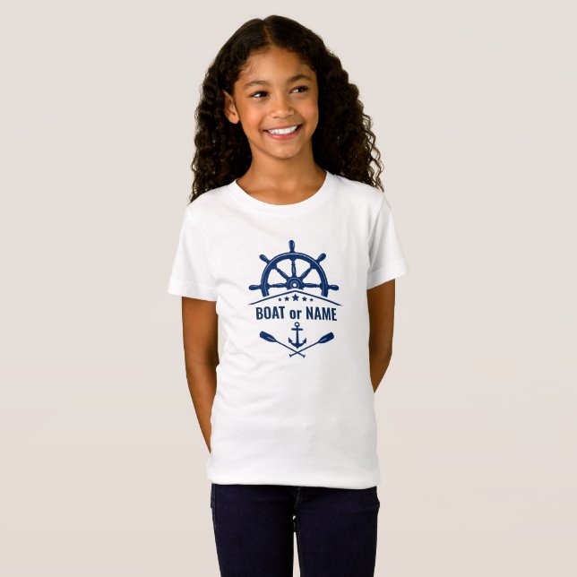 Camiseta Ancla Oars Ships Wheel Boat o Nombre Blue & White (Anverso completo)