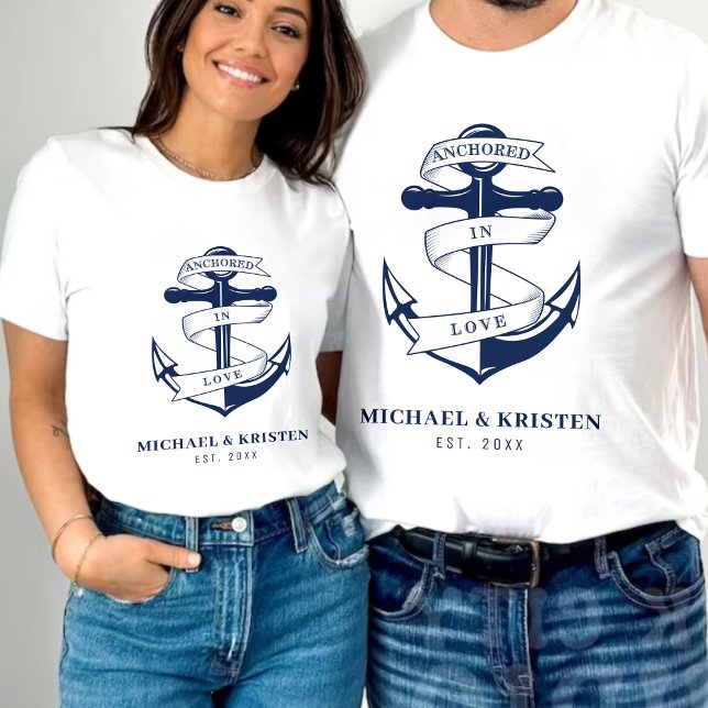 Camiseta Anclado en amor blanco ancla náutica boda  (Anchored in Love White Nautical Anchor Wedding T-Shirt
)