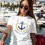 Camiseta Anclar tu nombre de barco Laurel de oro deja blanc<br><div class="desc">Un personalizado diseñó un ancla náutica,  hojas de laurel de estilo dorado y una estrella dorada con y tu nombre personalizado o nombre de barco en una camiseta blanca de mujeres. Hace un gran regalo.</div>
