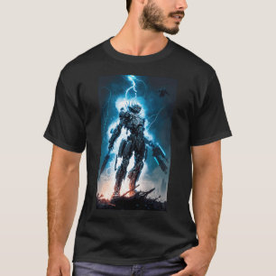 Camiseta androide cibernético luchando contra el crimen