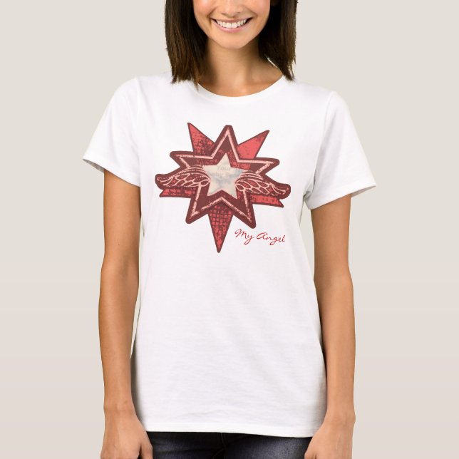 Camiseta Angel star agrega tu foto damas rojo y blanco t (Anverso)