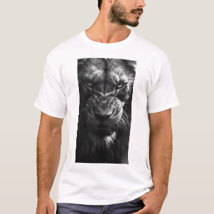 Camiseta Angry Lion Front View Photorealist Black and Whi