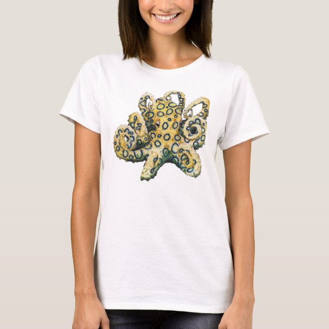 Camiseta anillada azul del pulpo para las señoras (Anverso)