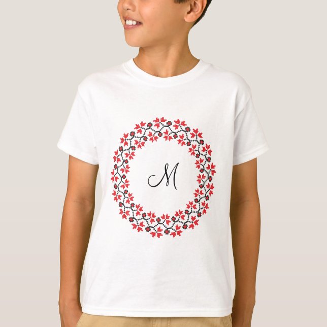 Camiseta Anillo de flores rojas Monograma personalizado ini (Anverso)