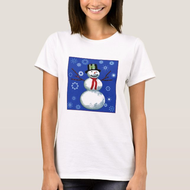 Camiseta animado muñeco de nieve con sombrero superior (Anverso)