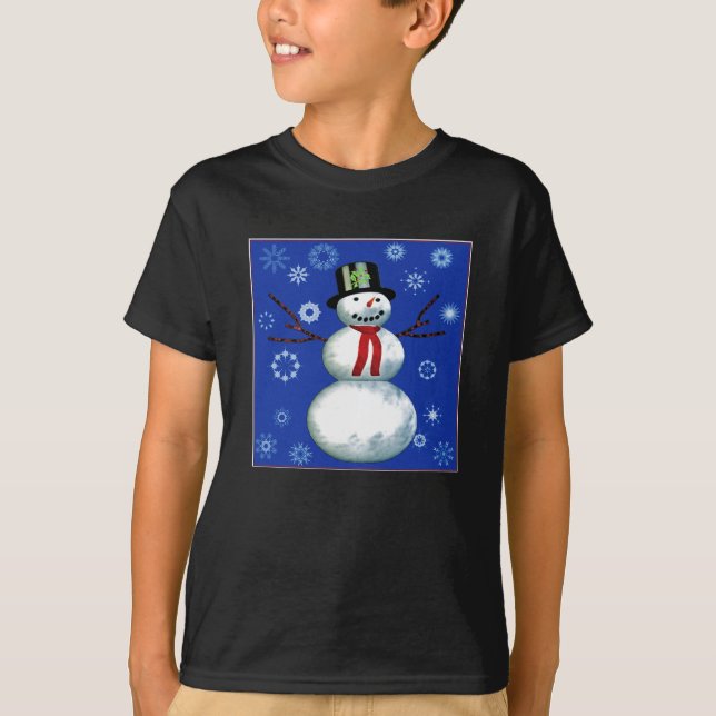 Camiseta animado muñeco de nieve con sombrero superior (Anverso)