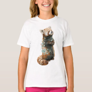 Camiseta Animal de Acuarela Panda Rojo Floral Niños