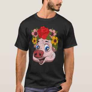 Camiseta Animal de granja Cerdito lindo Flores de jardín de
