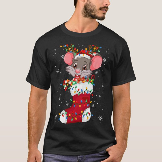 Camiseta Animal de Rata Santa Hat En Socks Xmas Tree Lights (Anverso)