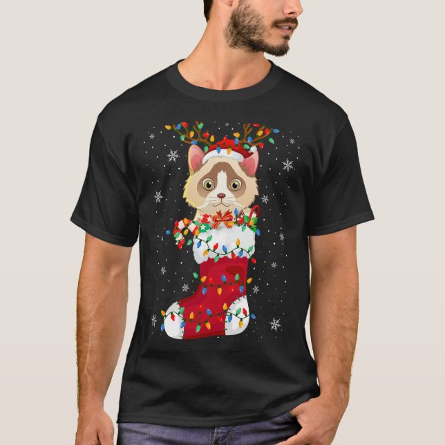 Camiseta Animal de Santa Hat Ragdoll Cat En Socks Xmas Tree (Anverso)