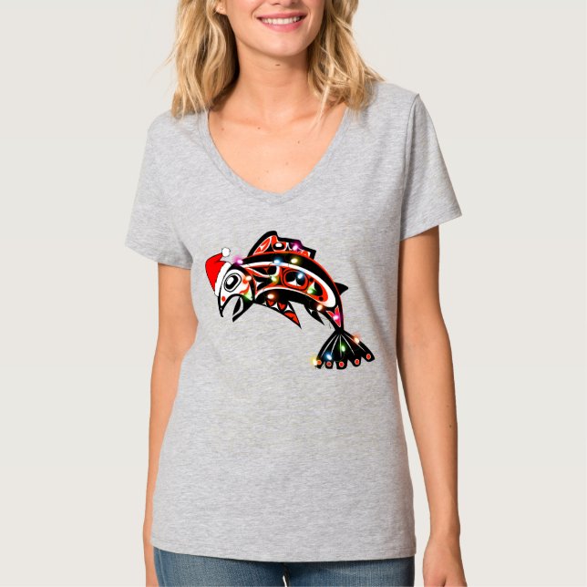 Camiseta Animal espiritual Haida Salmon con luces Navidades (Anverso)