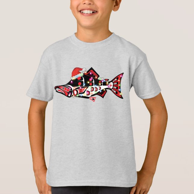 Camiseta Animal espiritual Haida Salmon con luces Navidades (Anverso)