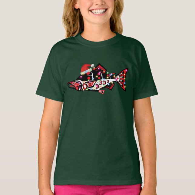 Camiseta Animal espiritual Haida Salmon con luces Navidades (Anverso)