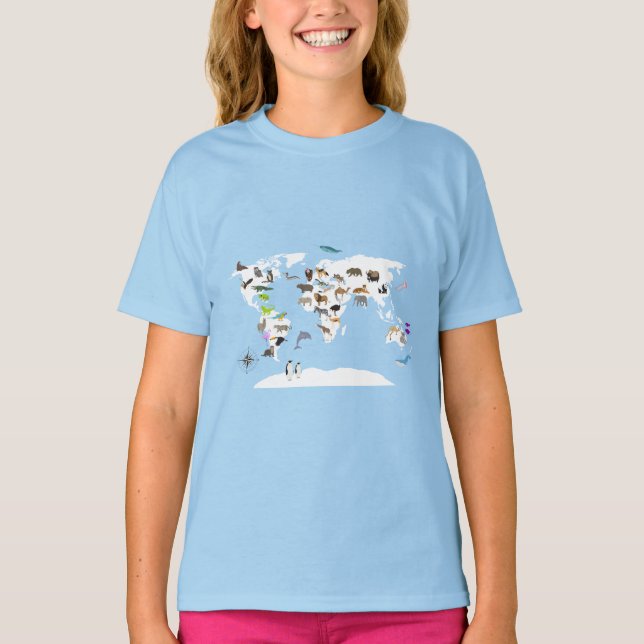 Camiseta Animales del Mapa Mundial de Niños (Anverso)