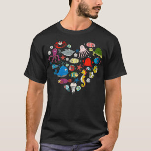 Camiseta Animales Del Mar Corazón Cutan El Océano Con Pesca