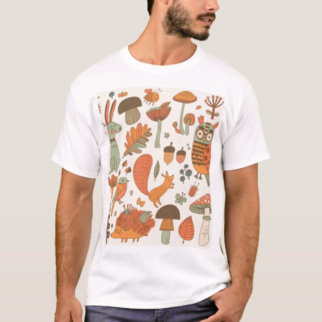 Camiseta Animales Forestales: Fondo Colorido Otoño. (Anverso)