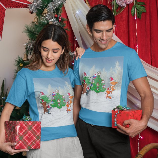 Camiseta Animales personalizados Bailando Por Unisex Árbol  (Cartoon Animals Dancing By Christmas Tree Unisex T-Shirt)