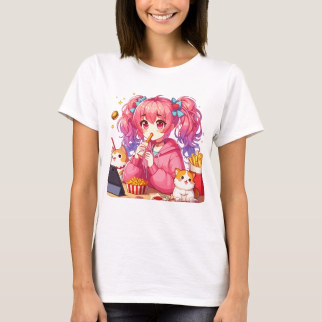 Camiseta Anime Bliss: Chica, papas y Mascota (Anverso)