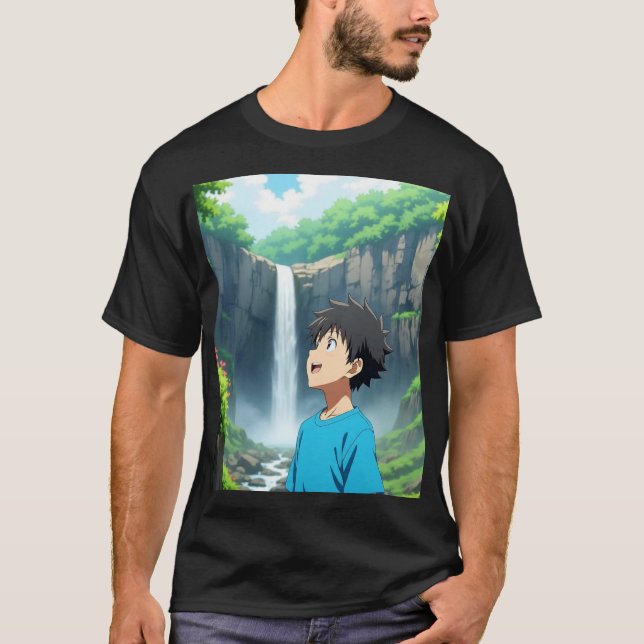 Camiseta Anime Boy Admiring Waterfall in a Beautiful Nature (Anverso)