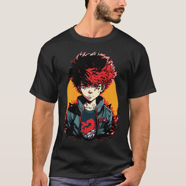 Camiseta Anime Boy: Ilustracion de pelo rojo y negro (Anverso)