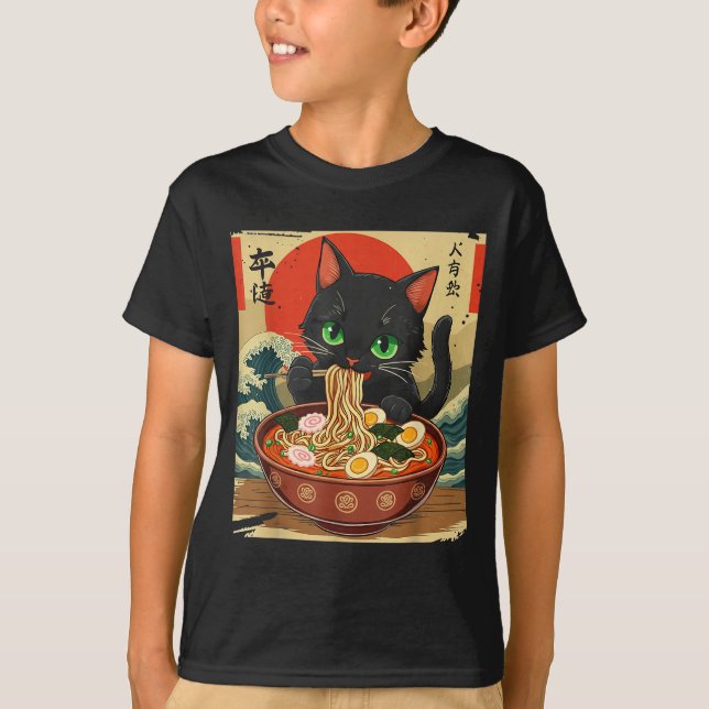 Camiseta Anime Cat Eating Ramen Japanese Art Graphic Cat Cu (Anverso)