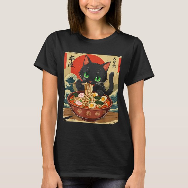 Camiseta Anime Cat Eating Ramen Japanese Art Graphic Cat Cu (Anverso)