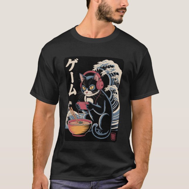 Camiseta Anime Cat Eating Ramen Japanese Wave Kawaii Neko K (Anverso)